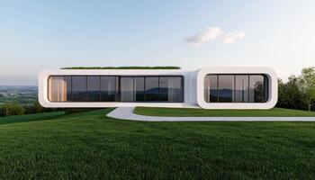 Modern Architectural Home Design Scenic Landscape 3D Render Minimalist Style Background Copyspace photo