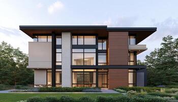 Modern Architectural Home Exterior Design in Tranquil Nature Background with Copyspace photo