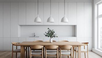 Modern Minimalist Kitchen Decor Open Space Furniture Design Bright Background Copyspace photo