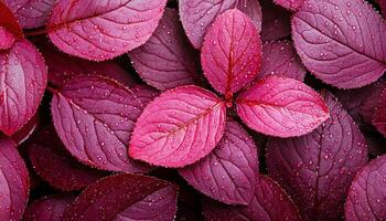 Vibrant Pink Leaves with Dew Drops Nature Background Close-Up Shot Copyspace Botanical Concept photo