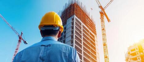 Construction Worker Overseeing Building Project Urban Setting Photo with Copyspace Background