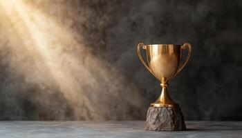 Celebratory Trophy on Stone Base Dim Light Background Photography Copyspace for Awards photo