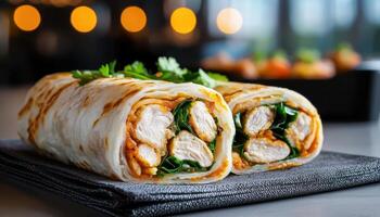 Delicious Chicken Wraps on a Stylish Table Restaurant Background Copyspace for Text photo