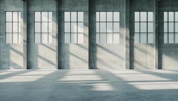 Empty Industrial Space with Large Windows Concrete Background Copyspace for Creative Use photo