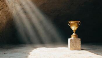 Celebratory Trophy in a Dim Cave Golden Award Background Copyspace Inspiring Achievement photo