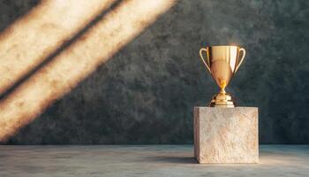 Golden Trophy on Stone Pedestal Minimalist Background Copyspace for Awards Celebration photo
