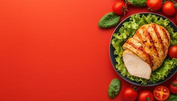 Grilled Chicken Breast with Fresh Tomatoes and Lettuce Vibrant Red Background Copyspace photo