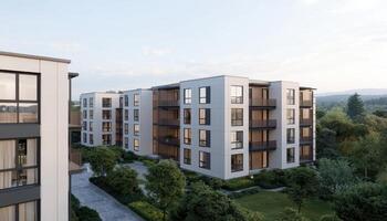 Modern Apartment Complex in Serene Landscape with Background and Copyspace for Promotion photo