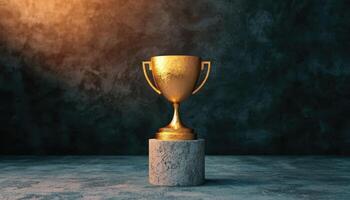 Golden Trophy on Marble Base Studio Background Copyspace for Awards and Recognition photo