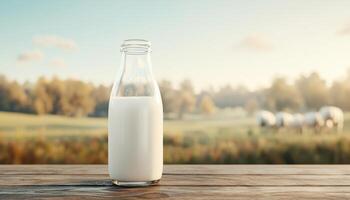 Fresh Milk Bottle on Wooden Table in Nature Background Copyspace for Promotions photo
