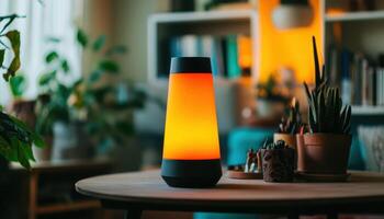 Luminous Lava Lamp on Table Cozy Living Room Home Decor Soft Background Copyspace photo
