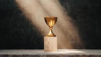 Golden Trophy on Stone Pedestal Dimly Lit Background Copyspace for Awards Achievements photo