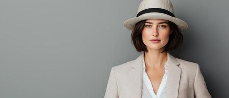 Stylish Woman in Hat Studio Background Fashion Portrait Copyspace Elegant Lifestyle Concept photo