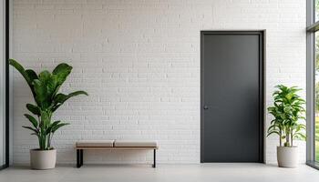 Modern Minimalist Interior Design with Plants White Brick Background Copyspace for Creativity photo