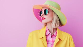Fashionable Woman in Bright Outfit Against Pink Background Copyspace for Text photo