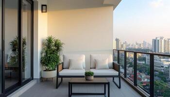 Modern Balcony Oasis with City Background Stylish Copyspace for Relaxation Urban Environment photo