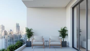 Modern Balcony Design with Seating City View Minimalist Aesthetic Background Copyspace photo