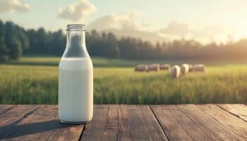 Milk Bottle on Wooden Table Rural Landscape Background with Copyspace for Text photo