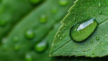 Raindrop on Green Leaf Nature Background Close-Up View Copyspace for Text photo