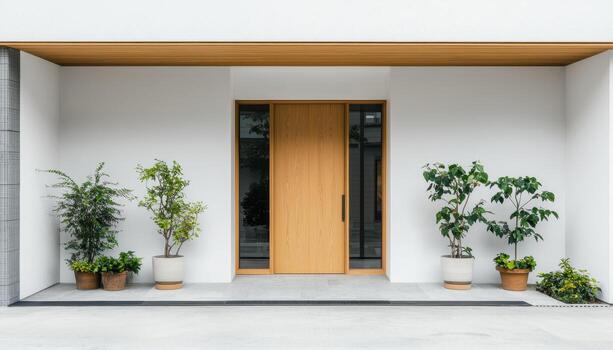 Modern Entrance Door and Planters Contemporary Home Architecture Background Copyspace photo