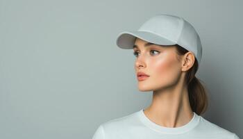 Stylish Woman in White Cap Studio Background Portrait Image Neutral Copyspace photo