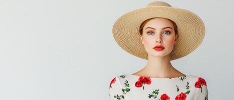 Elegant Woman in Floral Dress with Wide-Brimmed Hat Studio Background Copyspace for Text photo