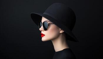Elegant Woman in Black Hat and Sunglasses Studio Background Portrait Image with Copyspace photo