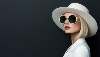 Elegant Woman in Sunglasses with Copyspace Background Fashion Portrait Studio Setting photo