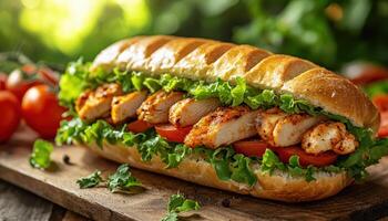 Delicious Grilled Chicken Sandwich with Fresh Vegetables Outdoor Setting Food Photography Natural Background Copyspace photo
