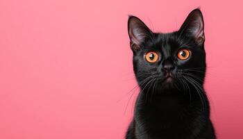 Curious Black Cat Portrait Studio Setting Photo Background Copyspace Available