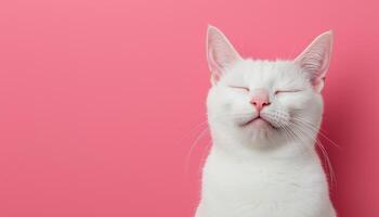 Playful White Cat Smiling on Pink Background with Copyspace for Text photo