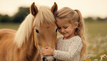 Joyful Child Embracing Pony in Nature Captivating Background with Copyspace photo