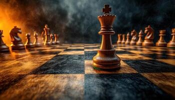 Intense Chess Match Closeup Dramatic Background with Copyspace Strategic Gameplay Dark Environment photo