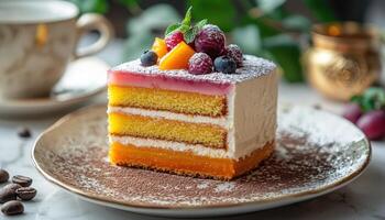 Exquisite Fruit Mousse Cake Elegant Cafe Setting Food Photography Soft Background Copyspace photo