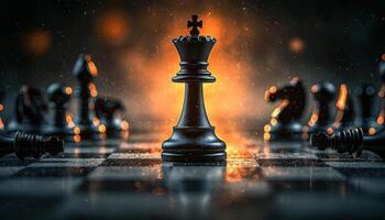 Dramatic Chess Match Scene Intense Closeup Dark Background Copyspace Cinematic Atmosphere photo