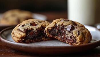 Delicious Chocolate Chip Cookies on a Plate Cozy Kitchen Background Copyspace for Recipe Ideas photo