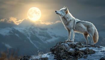 Noble Wolf Howling at the Moon Rocky Outcrop Nature Scene Majestic Background Copyspace photo