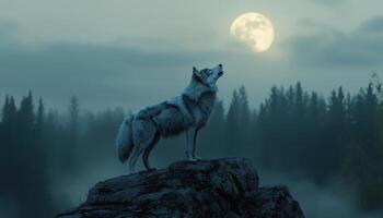 Noble Wolf Howling at Full Moon Rocky Outcrop Nature Photography Misty Background Copyspace photo