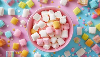 Colorful Assorted Marshmallows in a Bowl Vibrant Background Copyspace for Creative Use photo