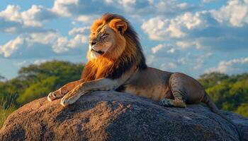 Regal Lion Lounging on Sunlit Rock in African Landscape Background Copyspace for Wildlife Photography photo