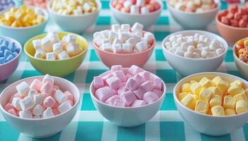 Colorful Marshmallow Bowls on a Checkered Table Food Photography Background with Copyspace photo