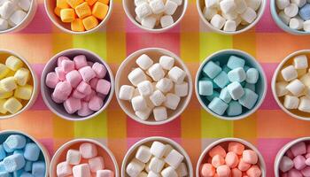 Colorful Mini Marshmallows in Cups Sweet Treats Background with Copyspace Bright Kitchen Setting photo