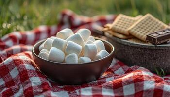 Marshmallow Roasting Event Outdoor Picnic Food Scene Nature Background Copyspace Available photo