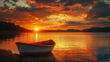 Scenic Sunset Reflection on a Calm Lake Solitary Boat Nature Background Copyspace photo