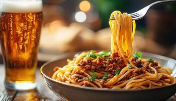 Delicious Spaghetti Twirling on a Fork Cozy Restaurant Background Closeup Copyspace photo