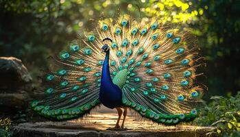 A Colorful Peacock Displaying Its Plumage in Nature Beautiful Background with Copyspace photo