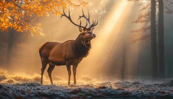 Majestic Stag Standing Proudly in Misty Forest Clearing Nature Background Copyspace photo