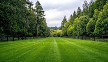Idyllic Green Lawn with Manicured Background and Copyspace in Nature Serene Viewpoint photo