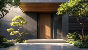Minimalist Wooden Entrance Design with Serene Background and Copyspace Modern Architecture Outdoor View photo