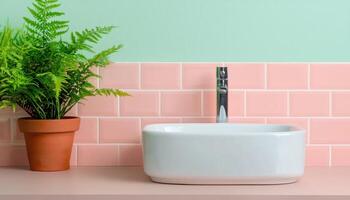 Stylish Sink Area in Bright Bathroom Modern Design Background with Copyspace photo